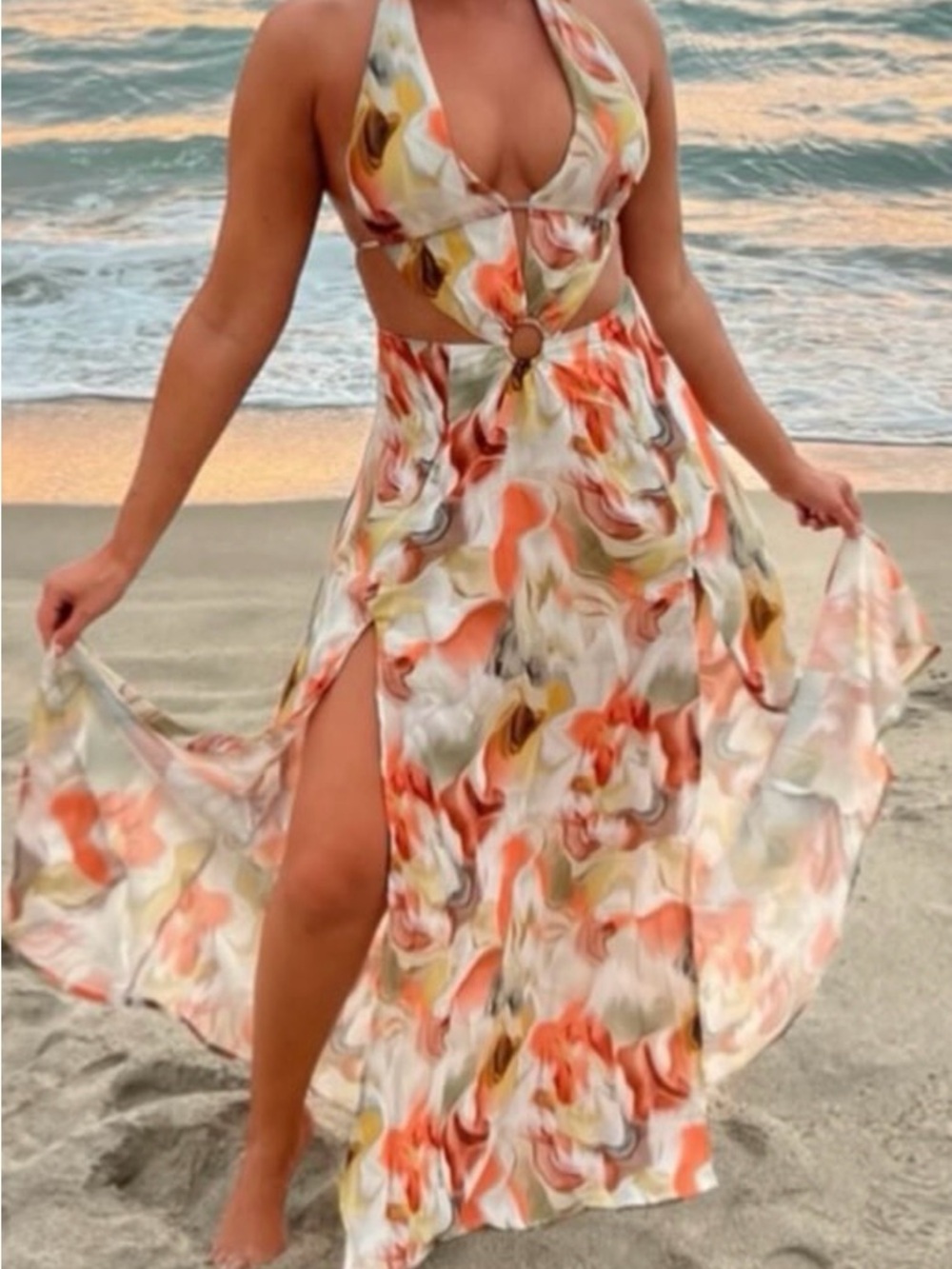 SHEIN Halter Ring-Cut Maxi Dress in Orange & Cream Swirl